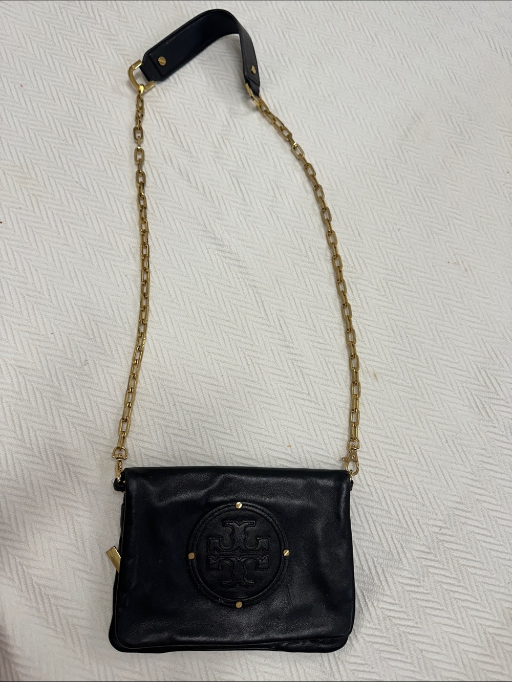 Tory Burch Black Leather Crossbody with Gold Chain Strap